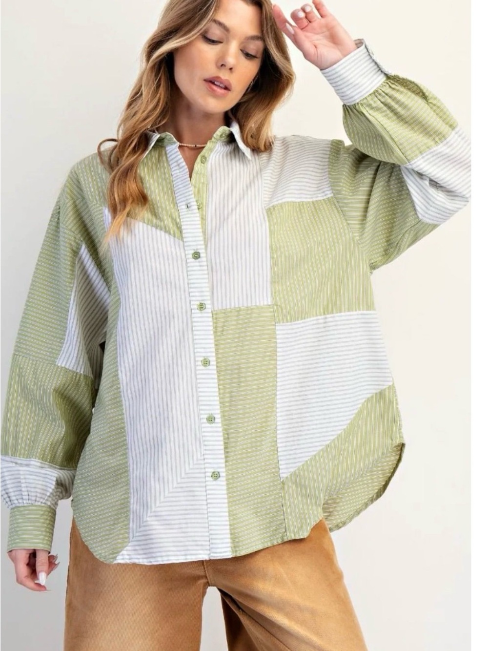 Easel Patchwork Button-Down Shirt in Green & White